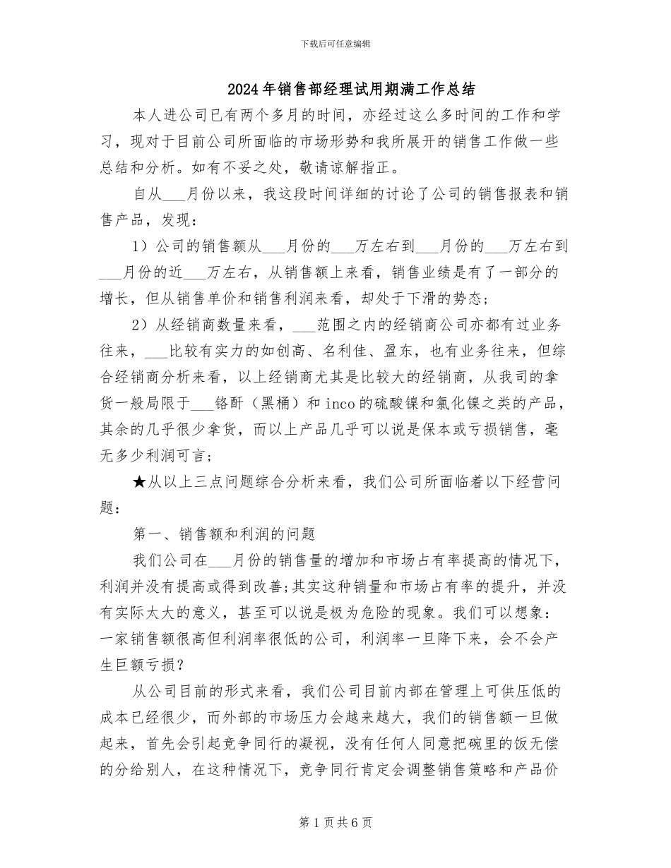 2024年销售部经理试用期满工作总结_第1页