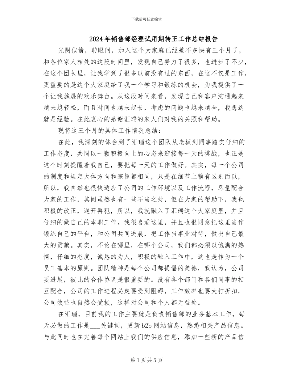 2024年销售部经理试用期转正工作总结报告_第1页