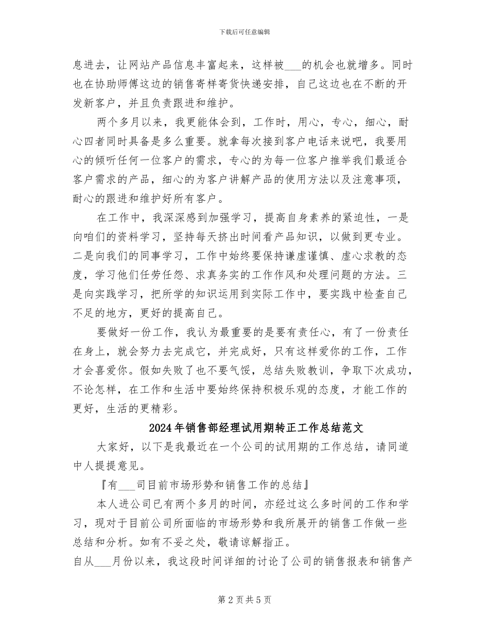 2024年销售部经理试用期转正工作总结报告_第2页
