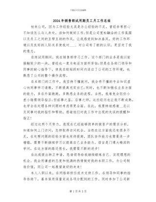 2024年销售部试用期员工月工作总结