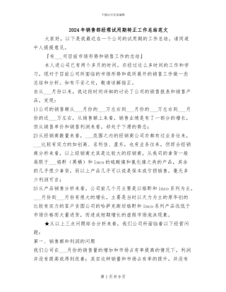 2024年销售部经理试用期转正工作总结范文