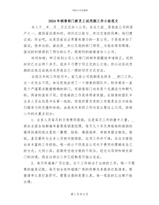 2024年销售部门新员工试用期工作小结范文