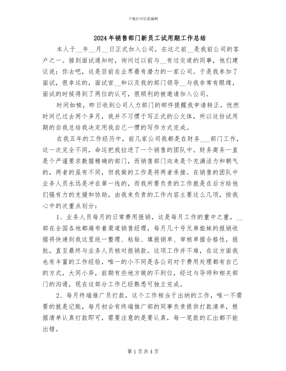 2024年销售部门新员工试用期工作总结_第1页
