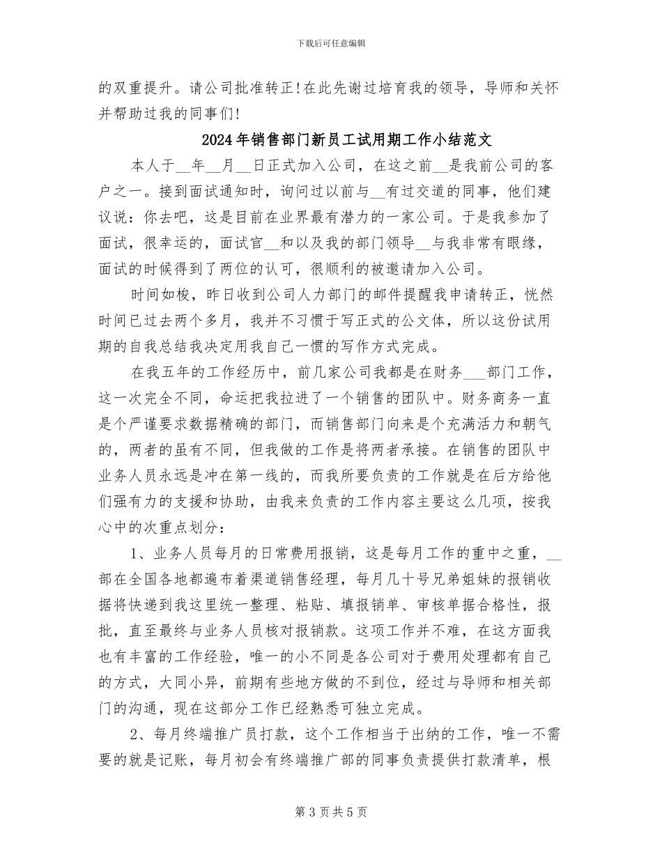 2024年销售部门新员工试用期工作小结_第3页