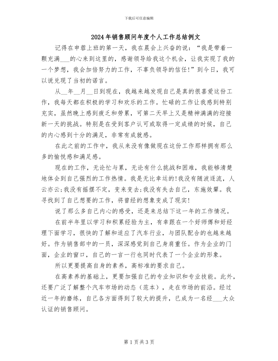 2024年销售顾问年度个人工作总结例文_第1页