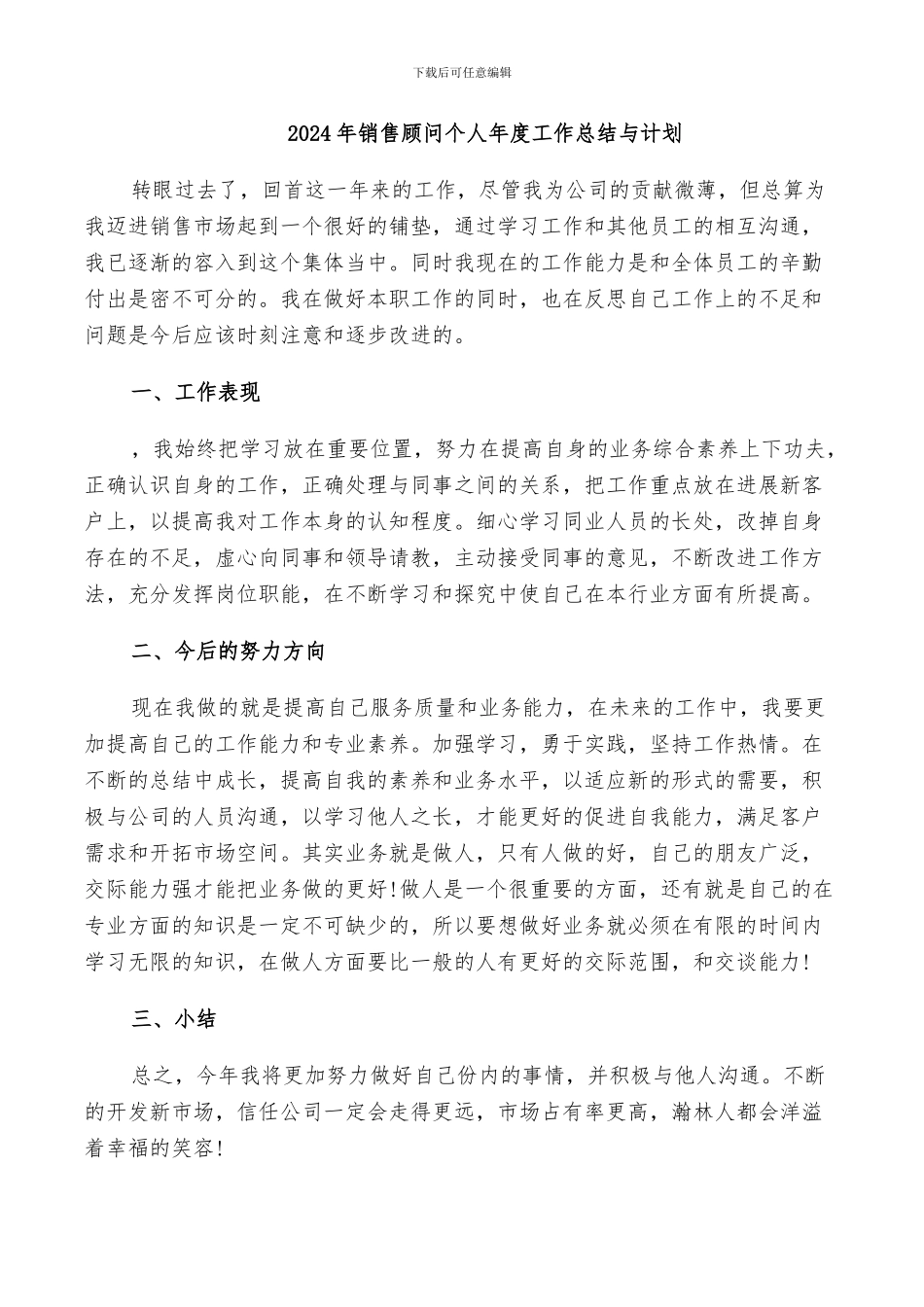 2024年销售顾问个人年度工作总结与计划_第1页