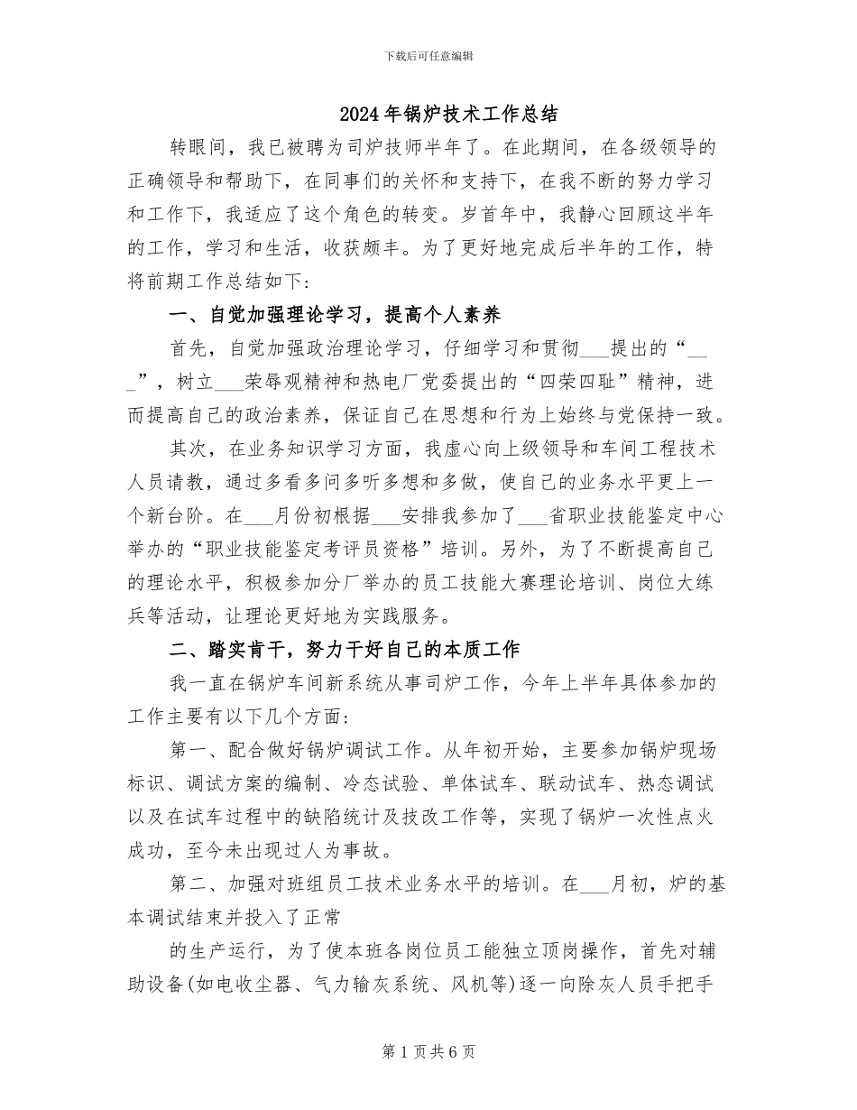 2024年锅炉技术工作总结_第1页