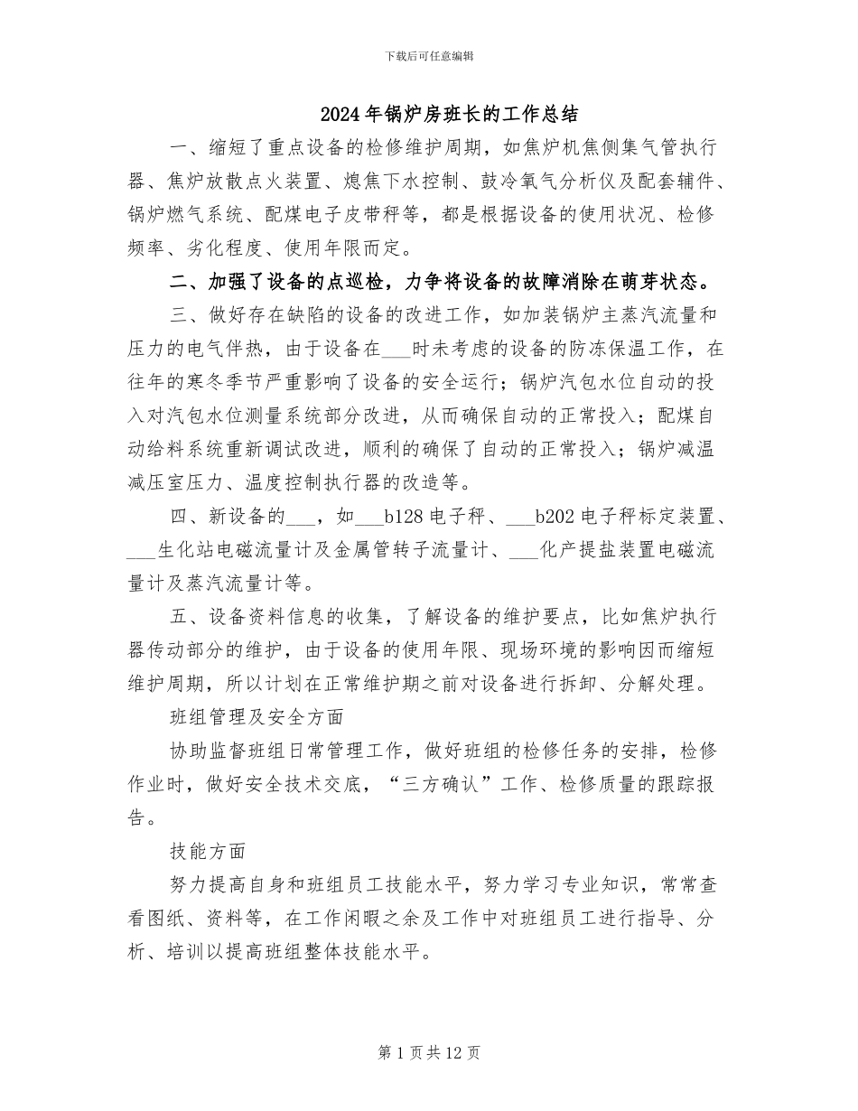 2024年锅炉房班长的工作总结_第1页