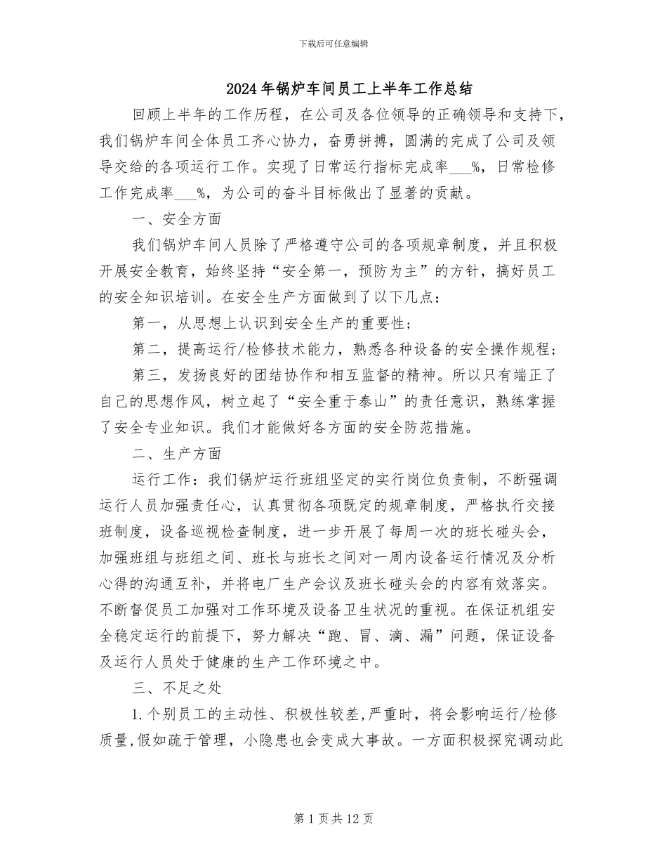 2024年锅炉车间员工上半年工作总结_第1页
