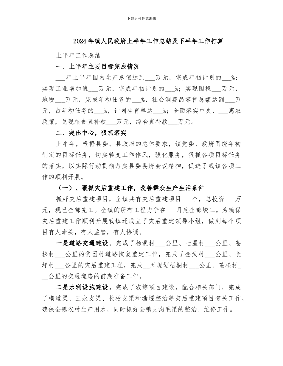 2024年镇人民政府上半年工作总结及下半年工作打算_第1页
