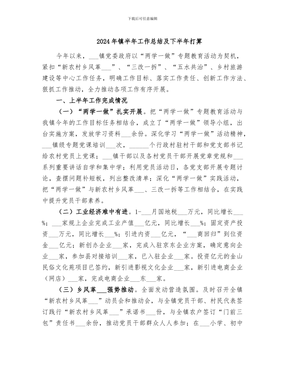 2024年镇半年工作总结及下半年打算_第1页