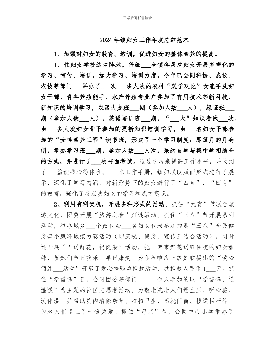 2024年镇妇女工作年度总结范本_第1页