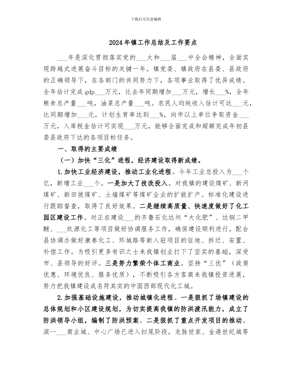 2024年镇工作总结及工作要点_第1页