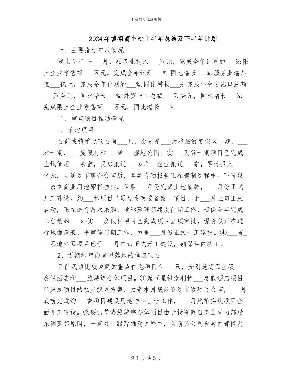 2024年镇招商中心上半年总结及下半年计划_第1页