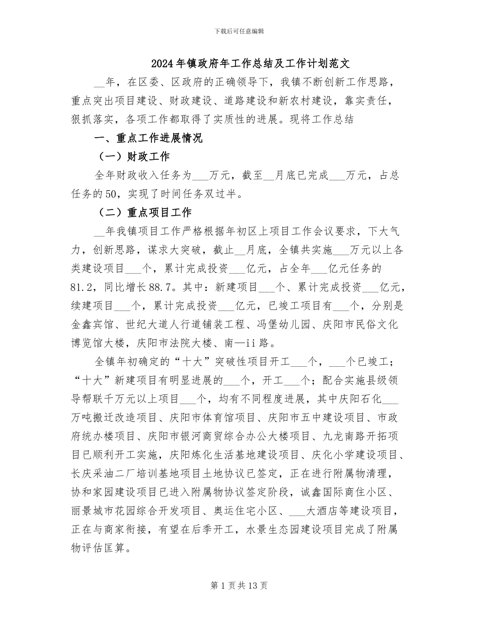 2024年镇政府年工作总结及工作计划范文_第1页