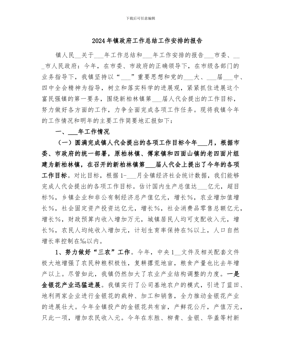 2024年镇政府工作总结工作安排的报告_第1页
