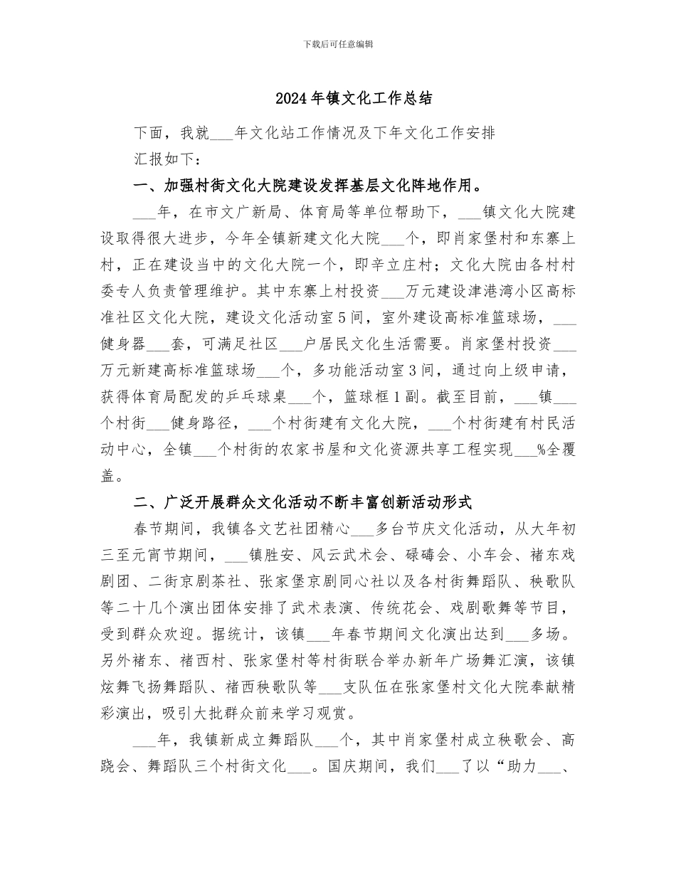 2024年镇文化工作总结_第1页