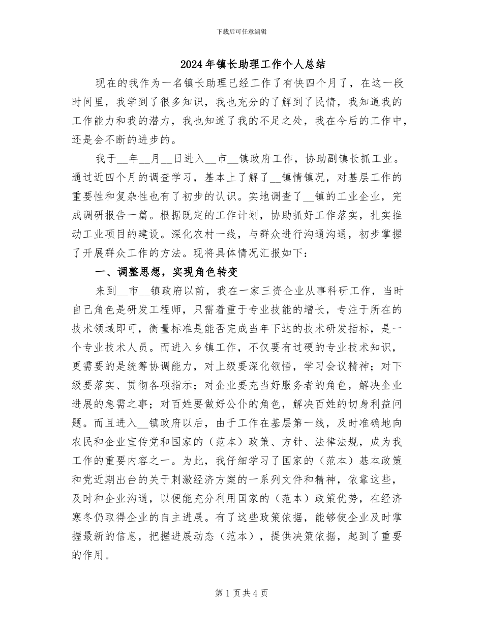 2024年镇长助理工作个人总结_第1页