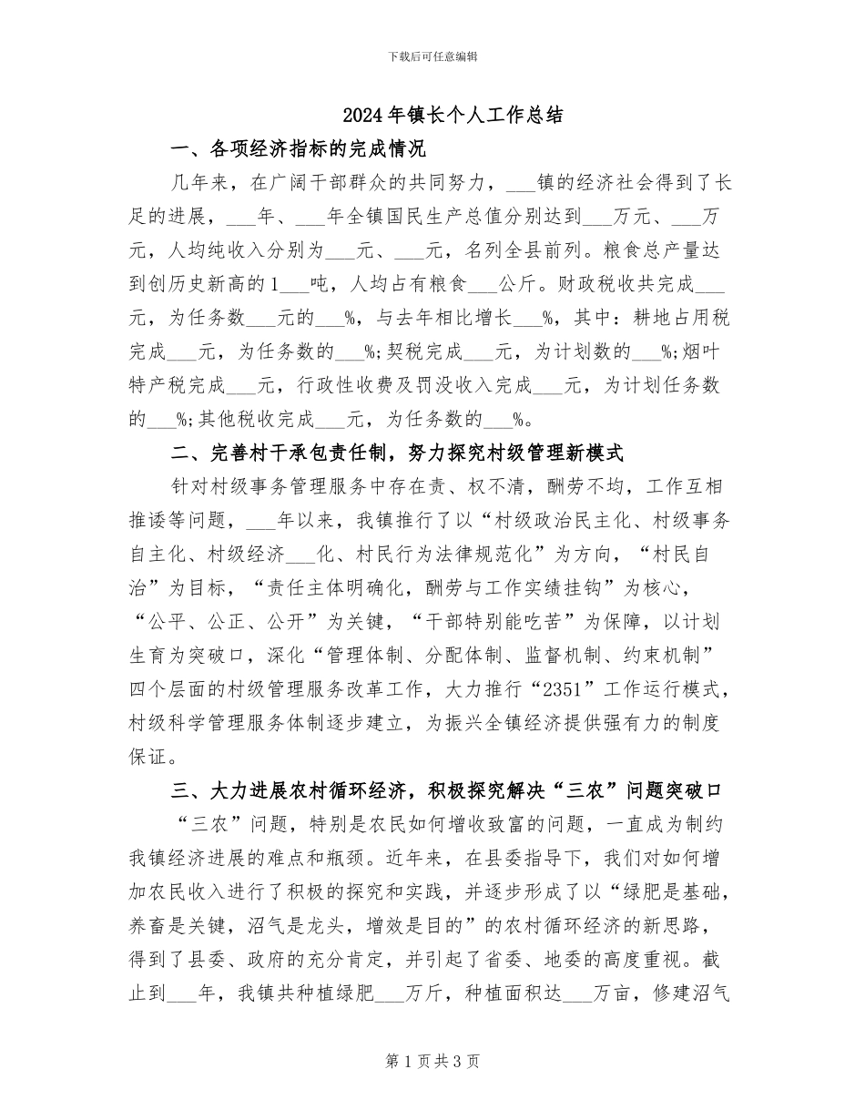 2024年镇长个人工作总结_第1页