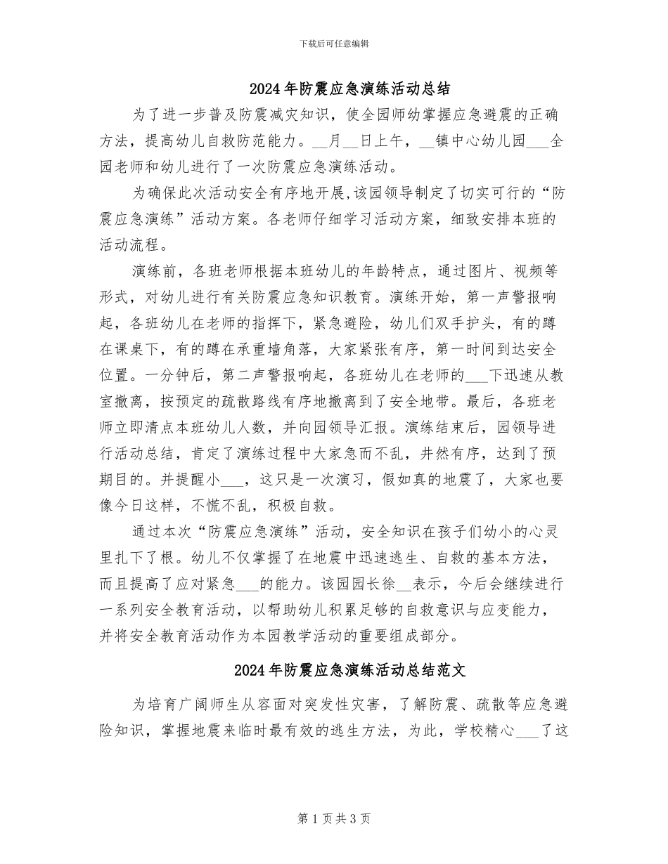 2024年防震应急演练活动总结_第1页