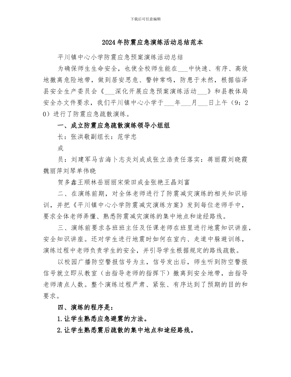 2024年防震应急演练活动总结范本_第1页