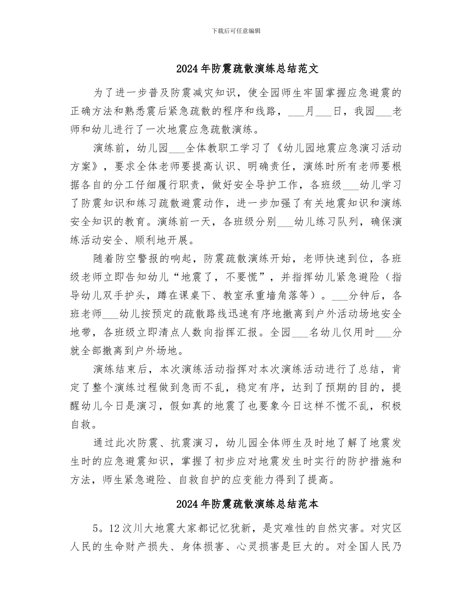 2024年防震疏散演练总结范文_第1页