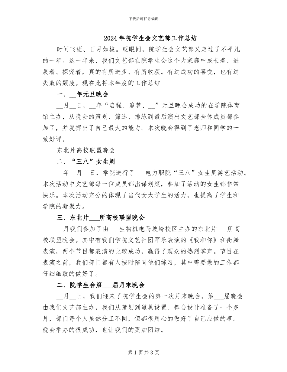 2024年院学生会文艺部工作总结_第1页