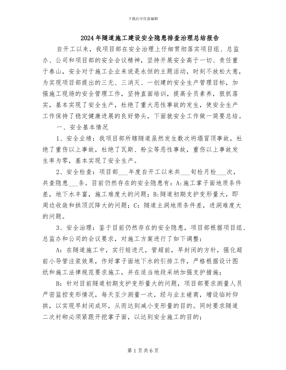 2024年隧道施工建设安全隐患排查治理总结报告_第1页