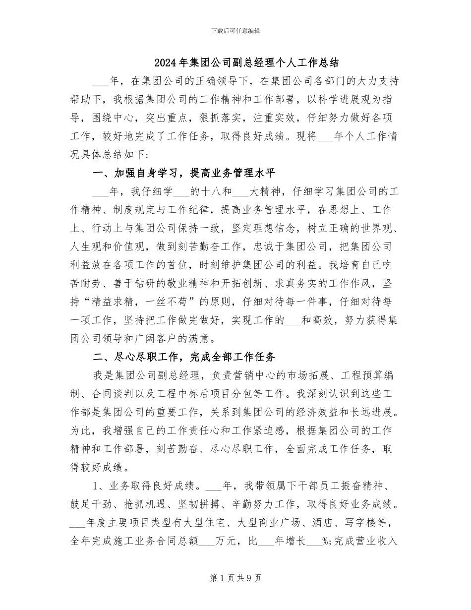 2024年集团公司副总经理个人工作总结_第1页
