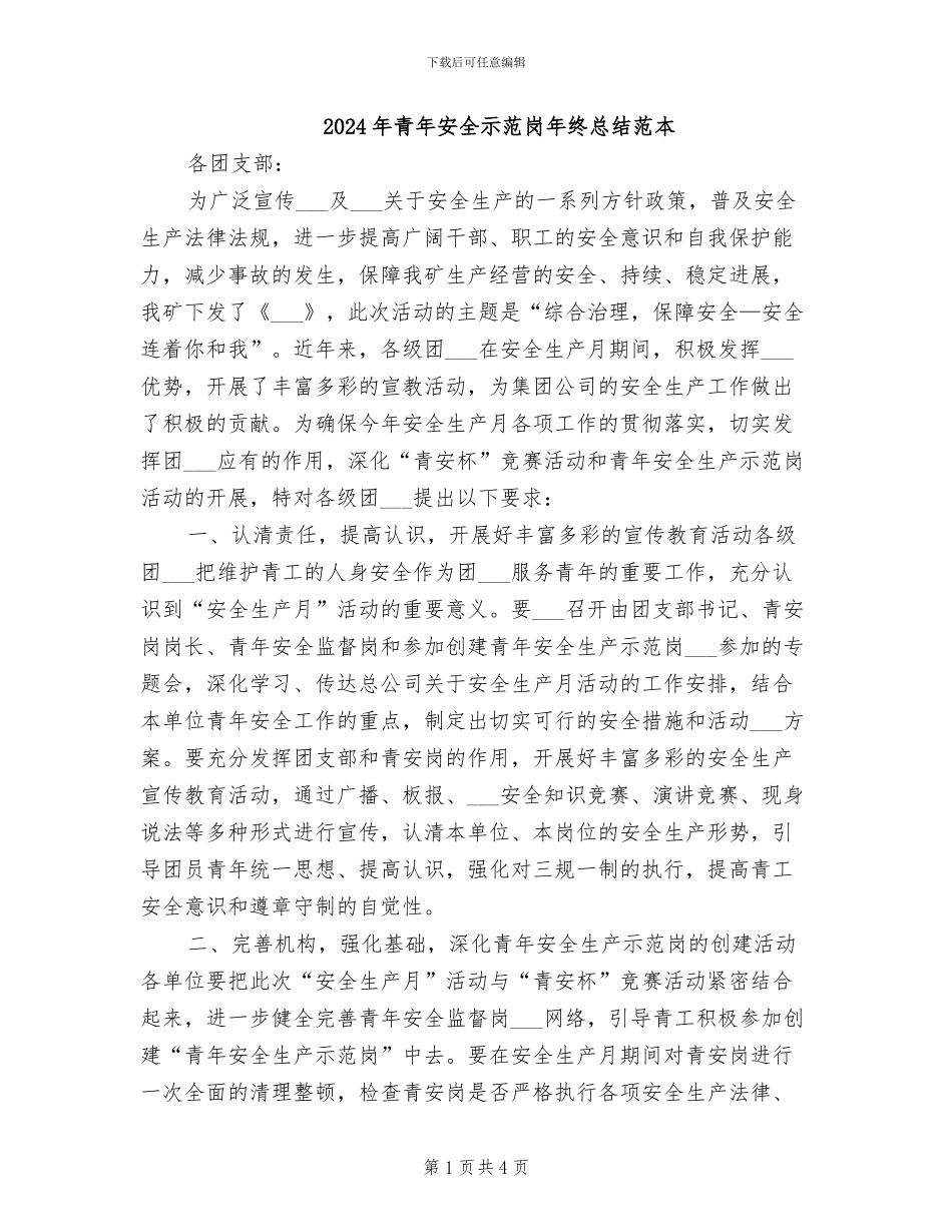 2024年青年安全示范岗年终总结范本_第1页