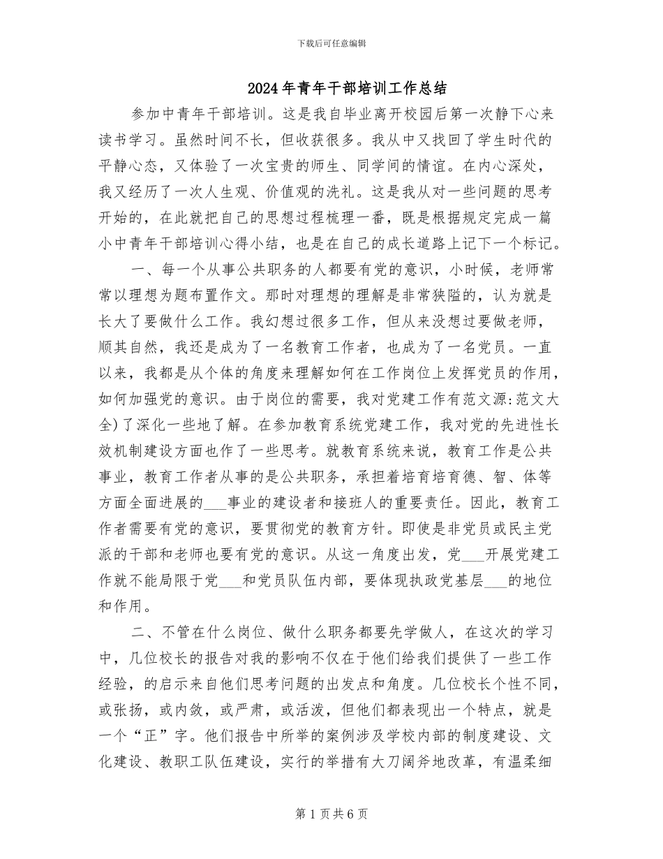 2024年青年干部培训工作总结_第1页