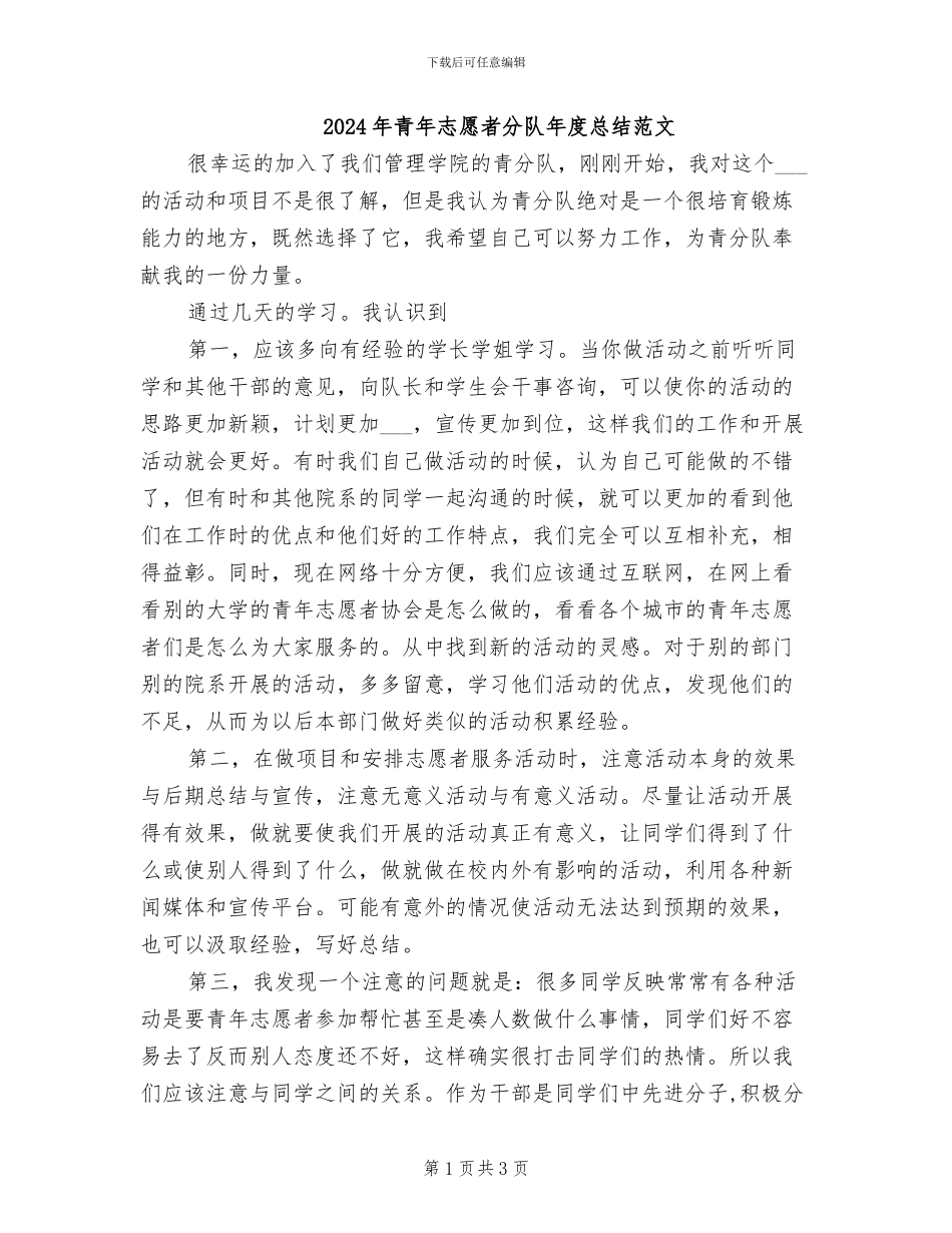 2024年青年志愿者分队年度总结范文_第1页