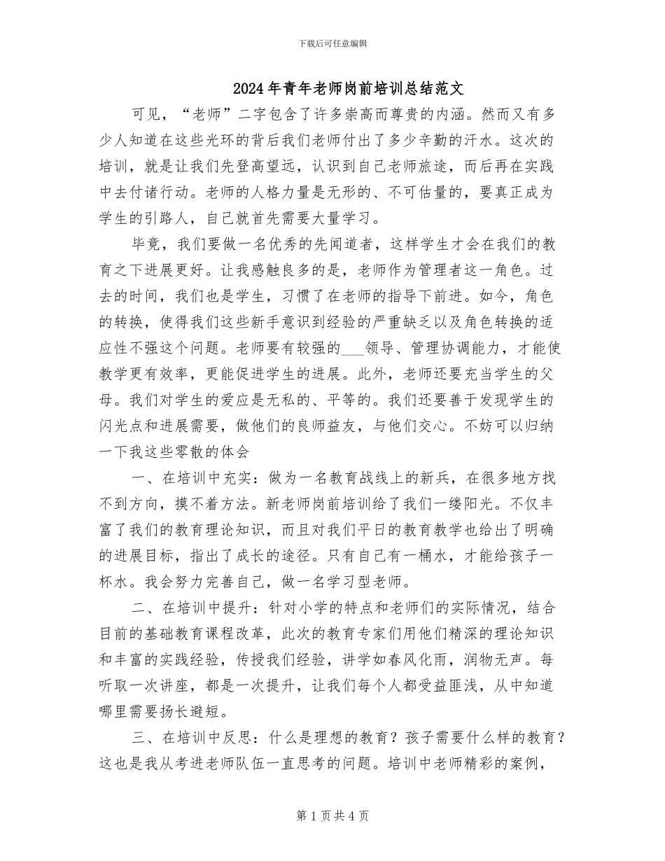 2024年青年教师岗前培训总结范文_第1页