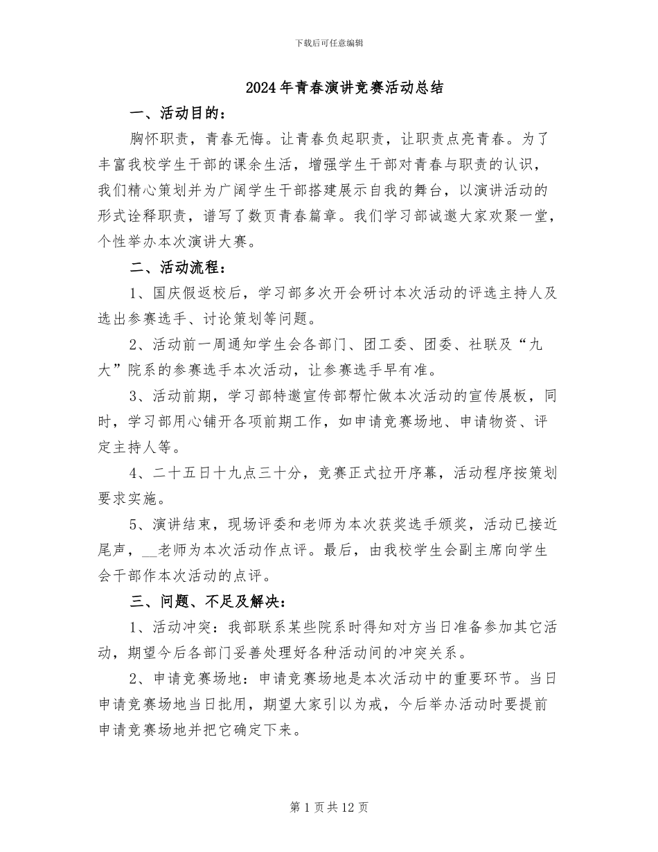 2024年青春演讲比赛活动总结_第1页