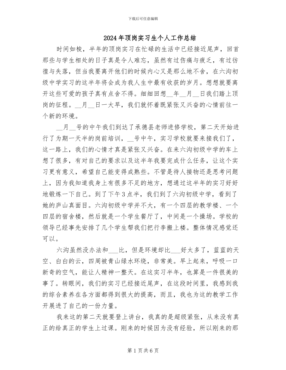 2024年顶岗实习生个人工作总结_第1页