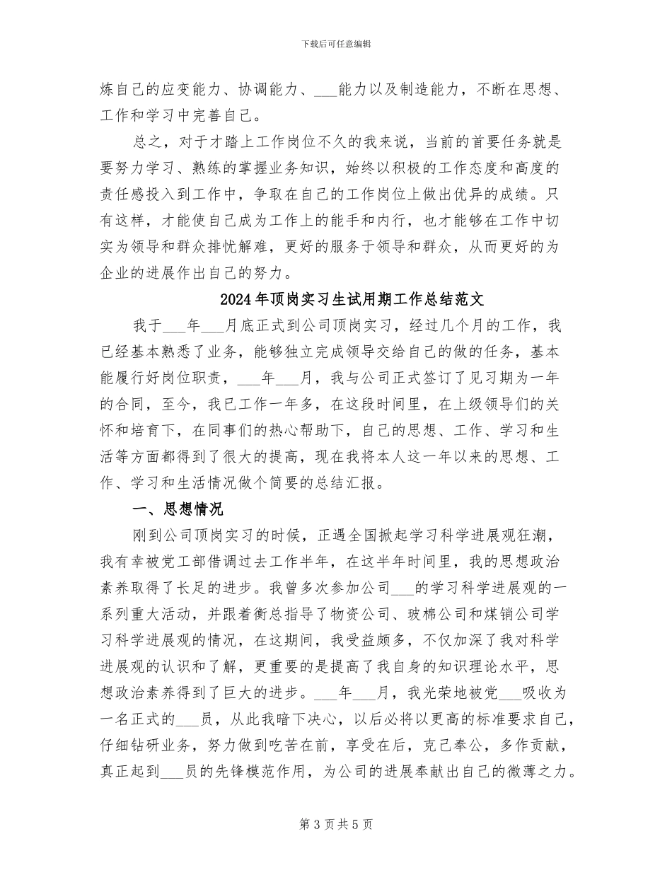 2024年顶岗实习生试用期工作总结_第3页