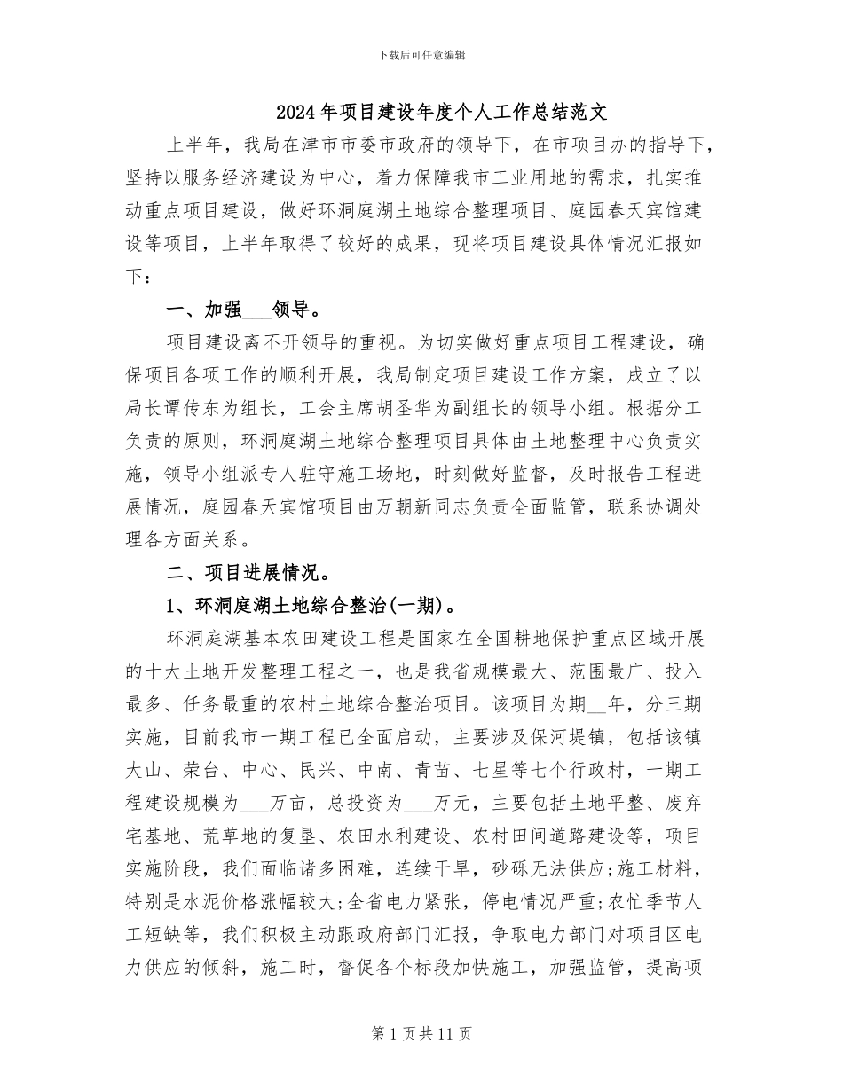 2024年项目建设年度个人工作总结范文_第1页