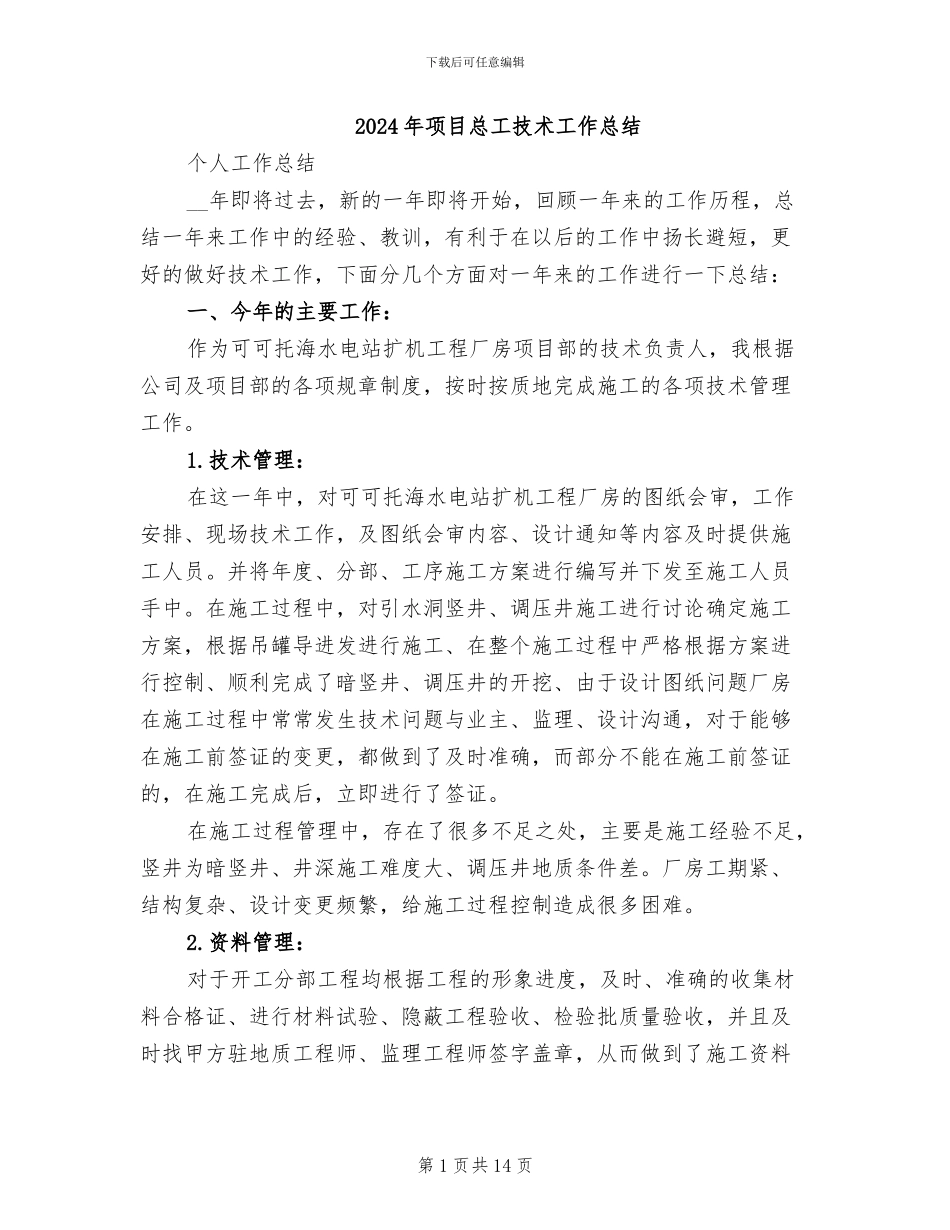2024年项目总工技术工作总结_第1页