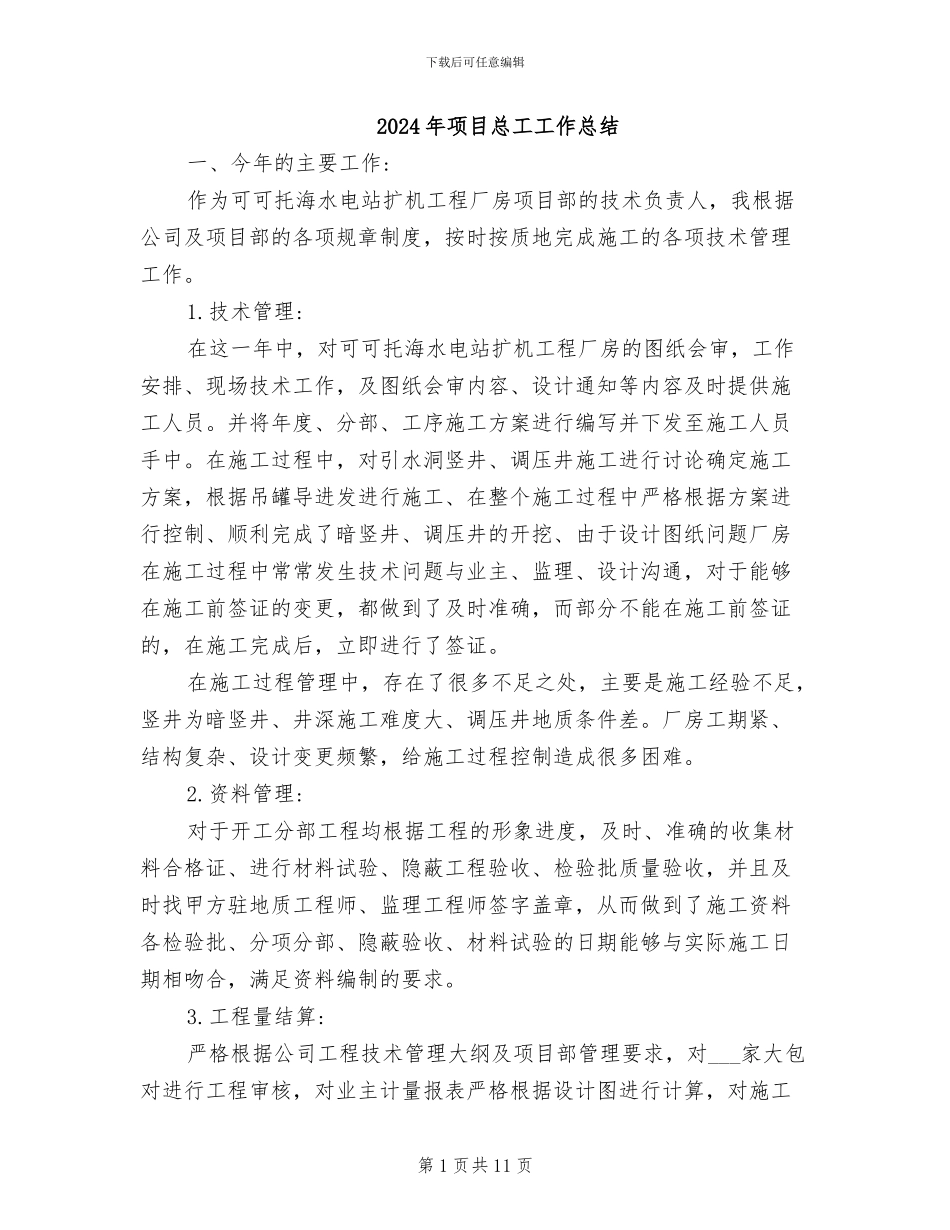 2024年项目总工工作总结_第1页