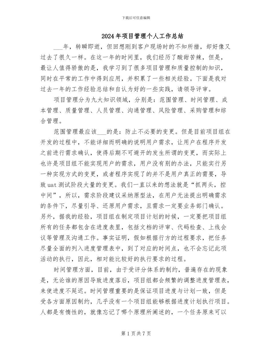 2024年项目管理个人工作总结_第1页