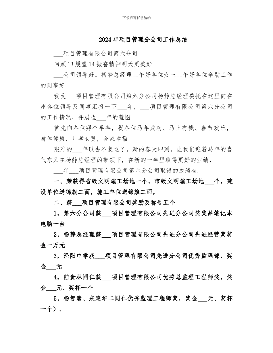2024年项目管理分公司工作总结_第1页