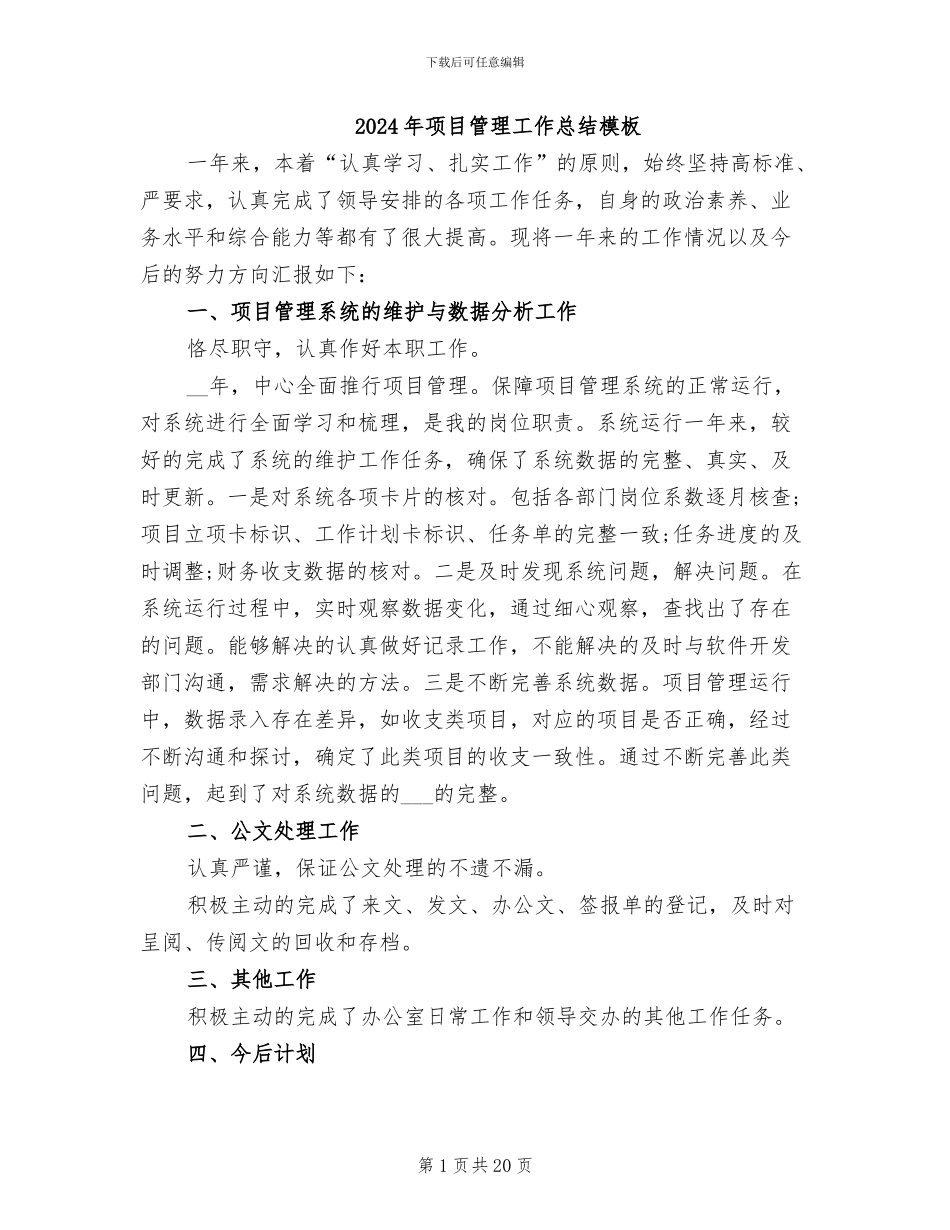 2024年项目管理工作总结模板_第1页