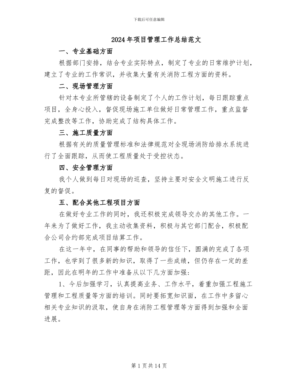 2024年项目管理工作总结范文_第1页