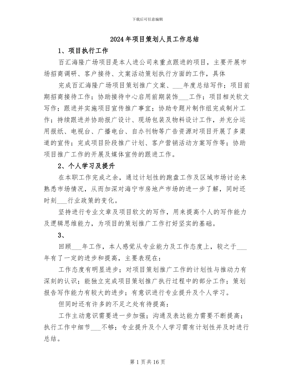 2024年项目策划人员工作总结_第1页