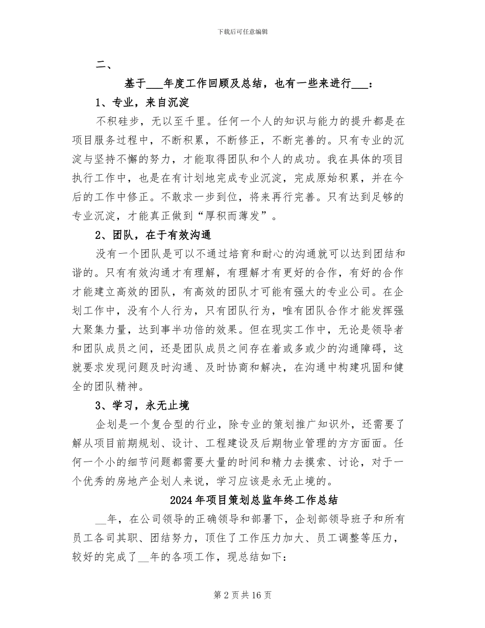 2024年项目策划人员工作总结_第2页