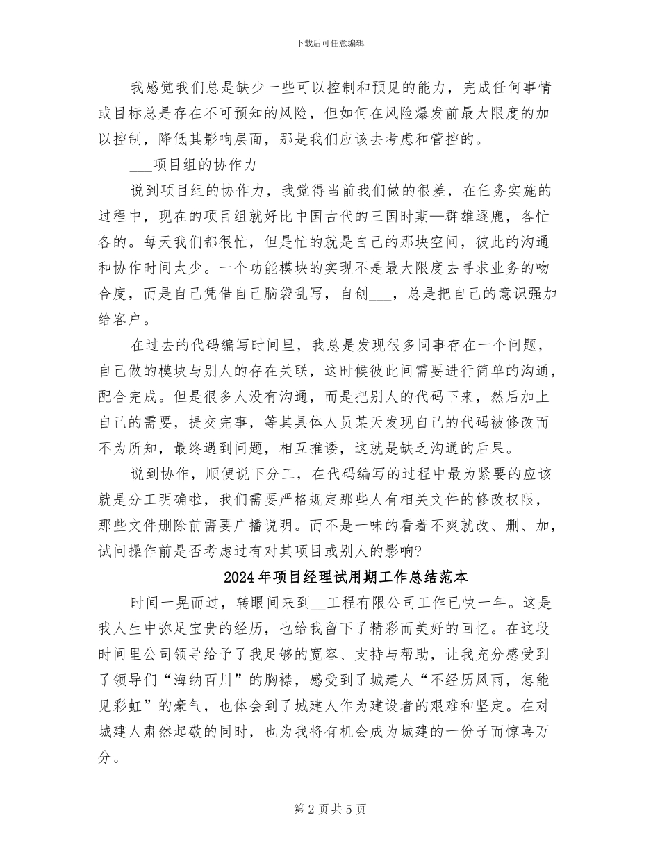 2024年项目经理试用期工作总结范文_第2页