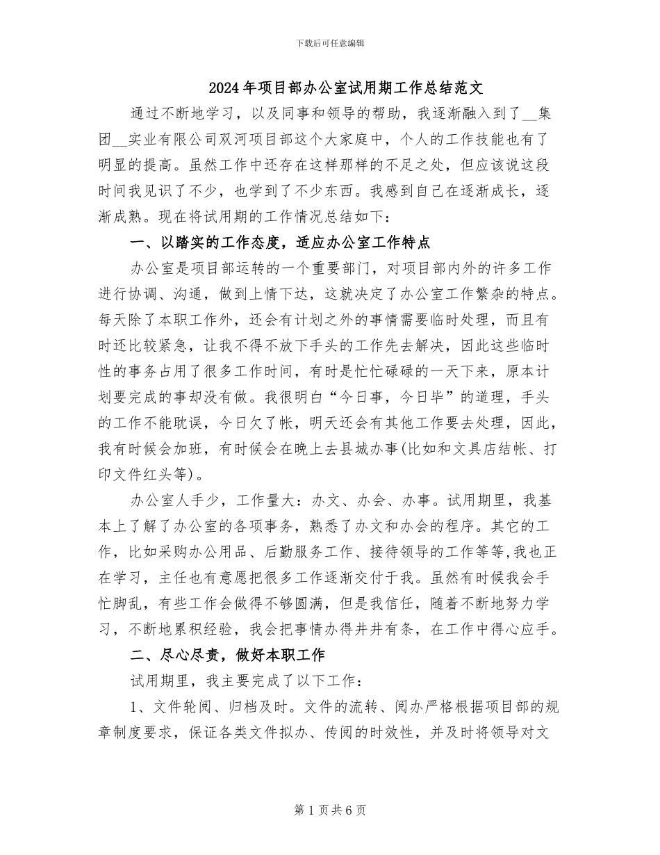 2024年项目部办公室试用期工作总结范文_第1页