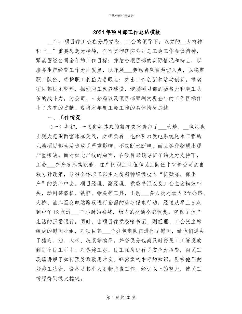 2024年项目部工作总结模板_第1页