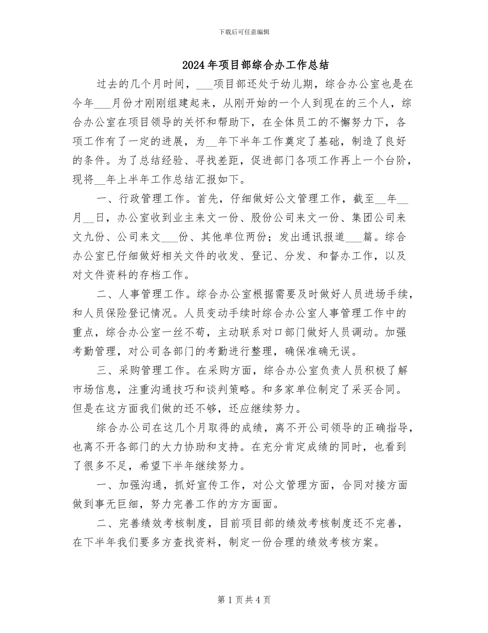 2024年项目部综合办工作总结_第1页