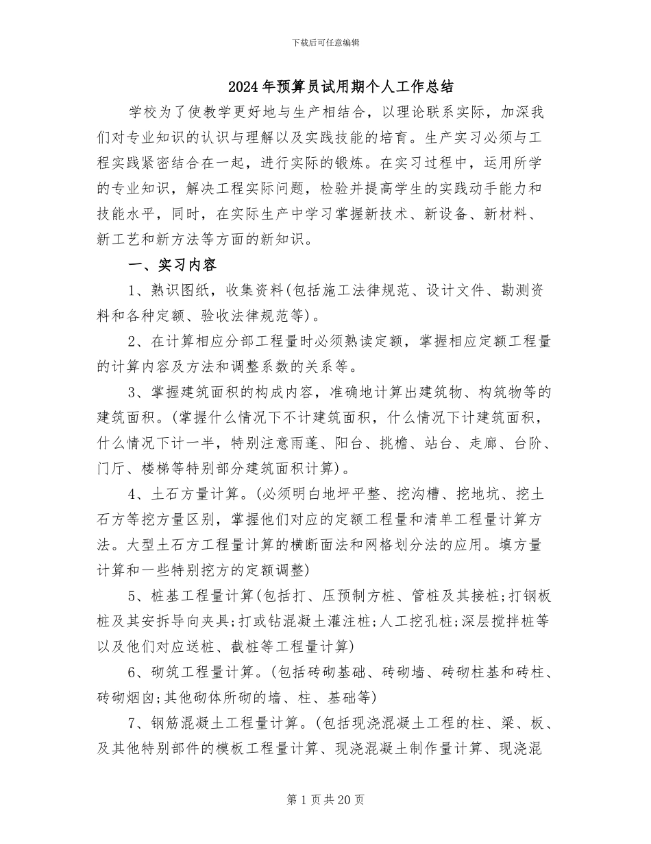 2024年预算员试用期个人工作总结_第1页